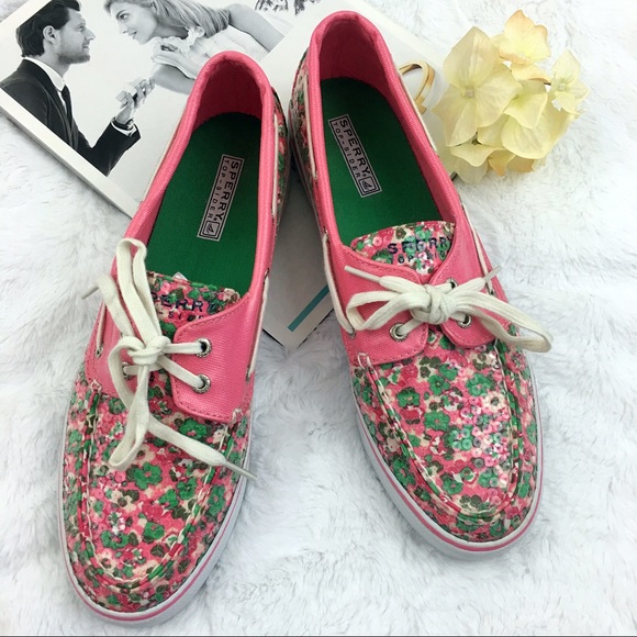 Sperry Shoes - Sperry Top-sider Pink Green Floral Sequin Boat